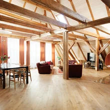 Tänu avatud katusealusele ning lisavalgust toovatele katuseakendele mõjub elutuba õhurikka ja helgena. Suur ruum kannab hästi välja massiivse nahkmööbli ning jässakale puutüvele toetuva klaasplaadiga diivanilaua.